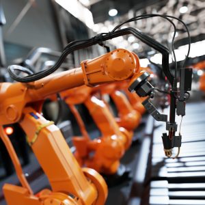 Robotic arms along assembly line in modern factory. Robotic arms along assembly line in modern factory.